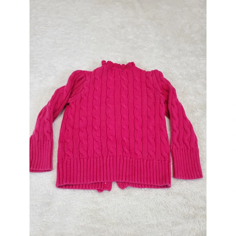 Ralph Lauren Bright Pink Cable Knit Button Ruffle Cardigan 2 2T Preppy Classic